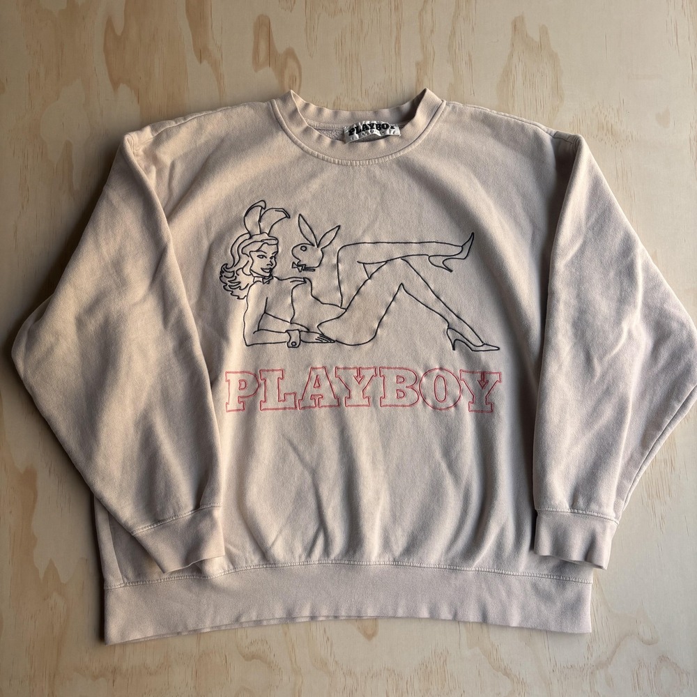 Playboy By PacSun Sweatshirt Mens‎ XL Beige Bunny Girl Graphic Fleece Pullover